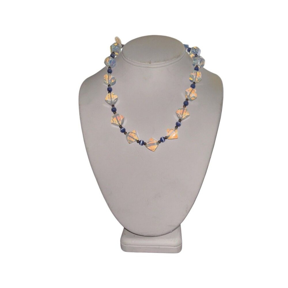 Vintage Blue Glow Sea Opal Geometric Opalescent Fashion Necklace